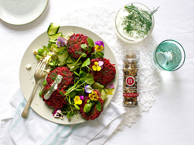 Beetroot & carrot fritters with watercress, feta & dill yoghurt dressing